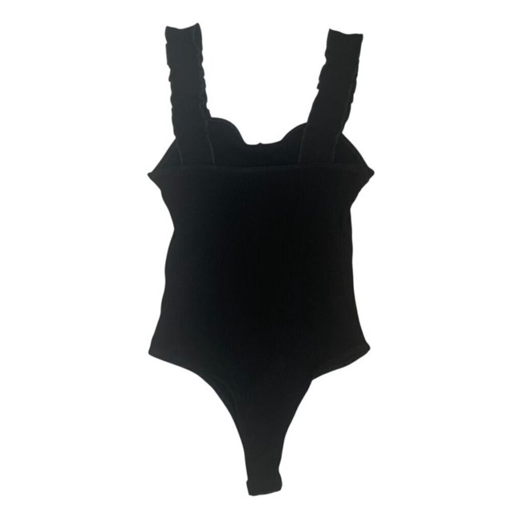 ALYA Ribbed Ruffled Straps Black Bodysuit - Size Large - Picture 4 of 7
